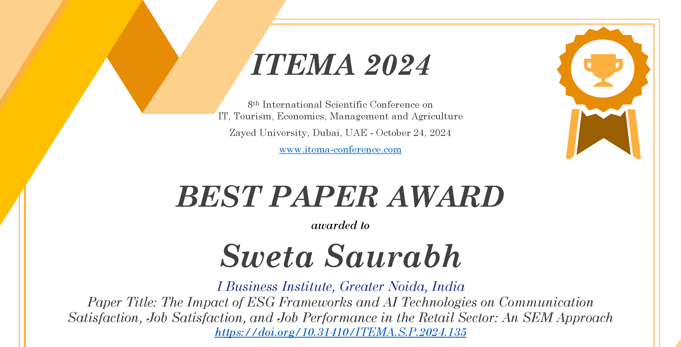 ITEMA 2024_Best paper award certificate_Sweta Saurabh